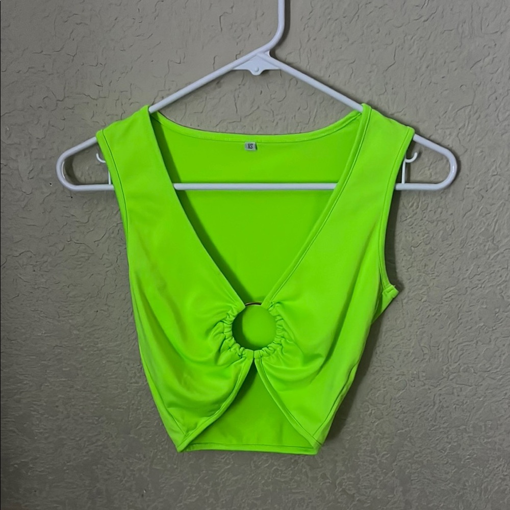 Neon Green Sleeveless Crop Top With Open Ring Middle
